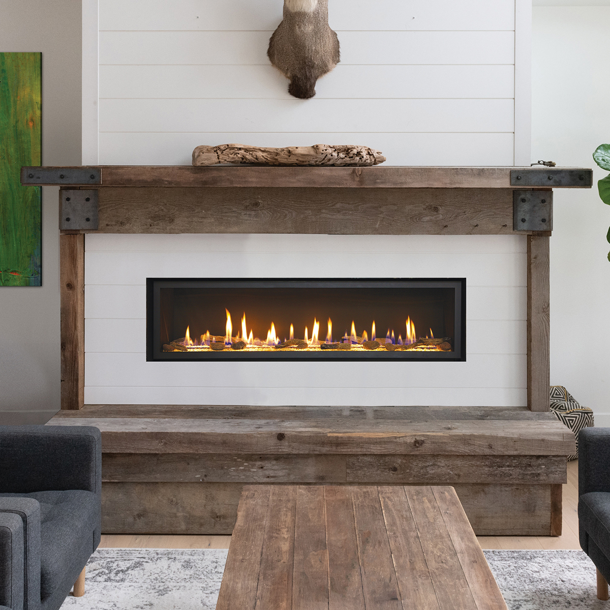 unique, modern, clean fireplace with chevron angled design