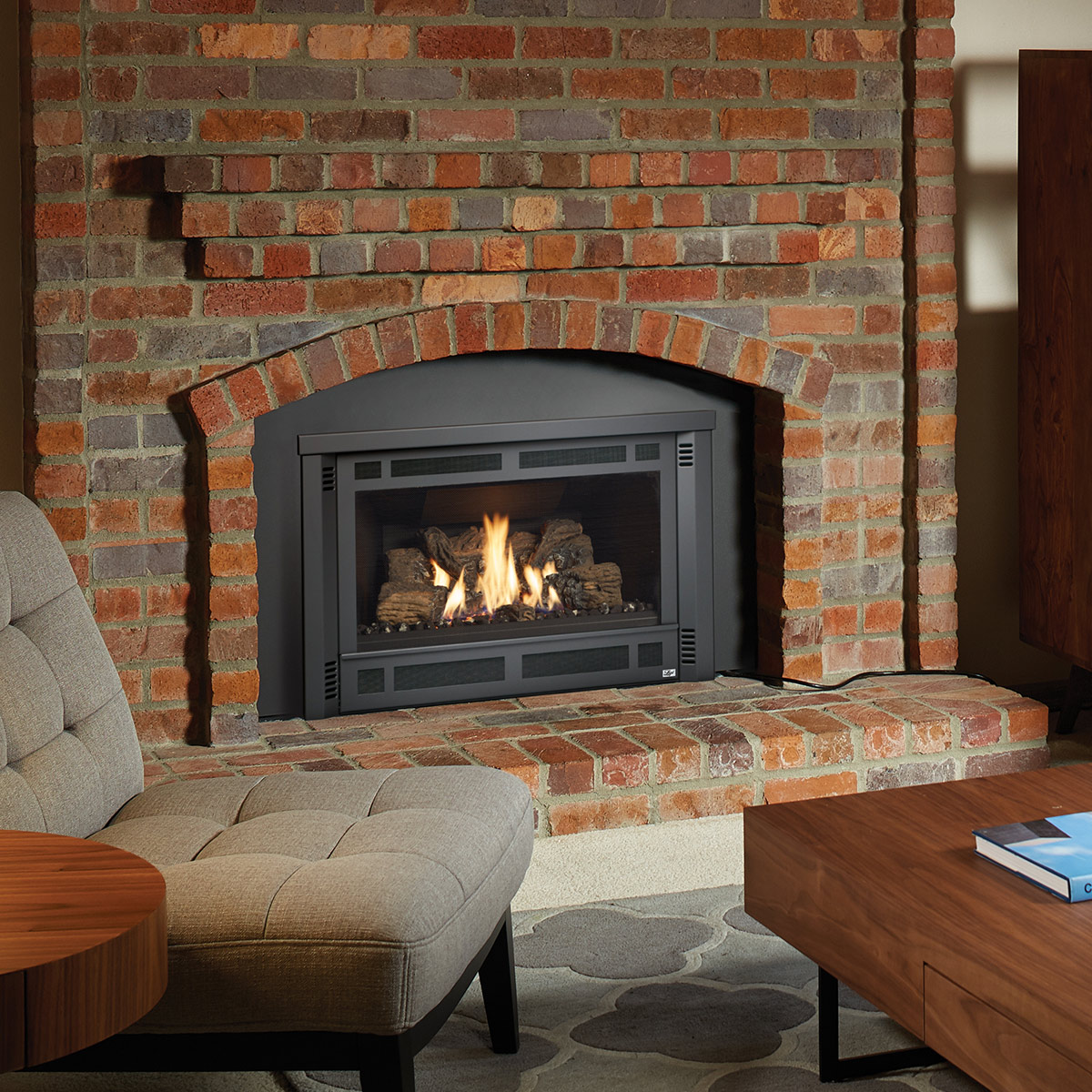 unique, modern, clean fireplace with chevron angled design