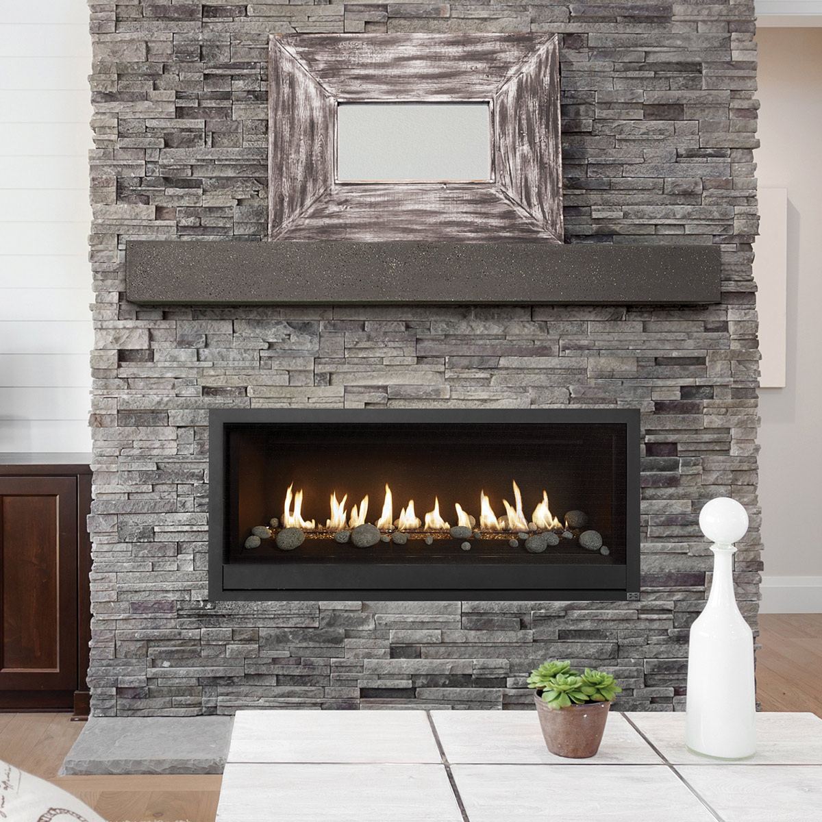 unique, modern, clean fireplace with chevron angled design