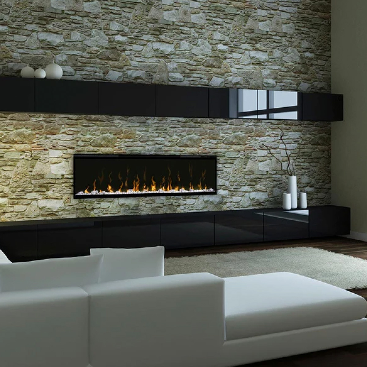 unique, modern, clean fireplace with chevron angled design